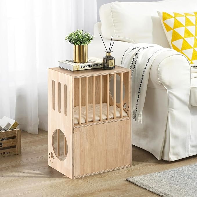 PETSITE 2-Storey Wood Cat House for Indoor Cats, Natural Wooden Double Decker Cat Condo with Removable and Washable Soft Cushions, Air Vents, and Side Entries, Modern Pet Furniture Side Table
