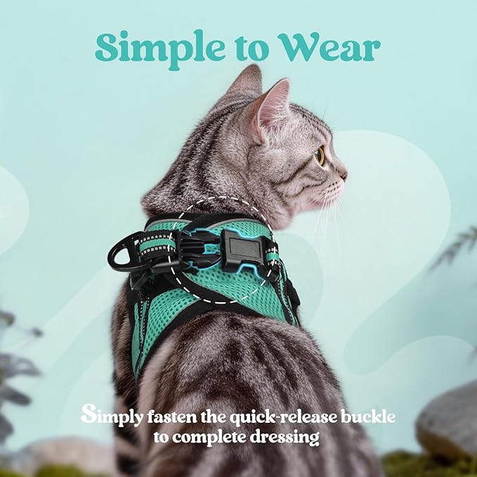 rabbitgoo Cat Harness and Leash Set for Walking Escape Proof, Adjustable Soft Kittens Vest with Reflective Strip for Cats, Comfortable Outdoor Vest,Green,L