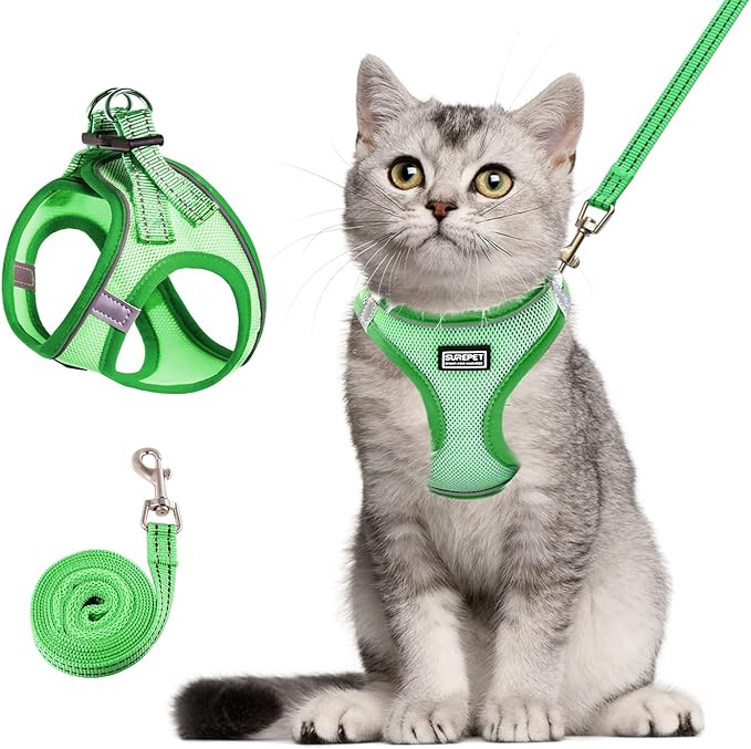Cat Harness and Leash Set, Soft and Breathable Vest with Reflective Strip, Escape Proof Kitten Harness, Easy to Wear for Cats Walking and Traveling (Green, XS)