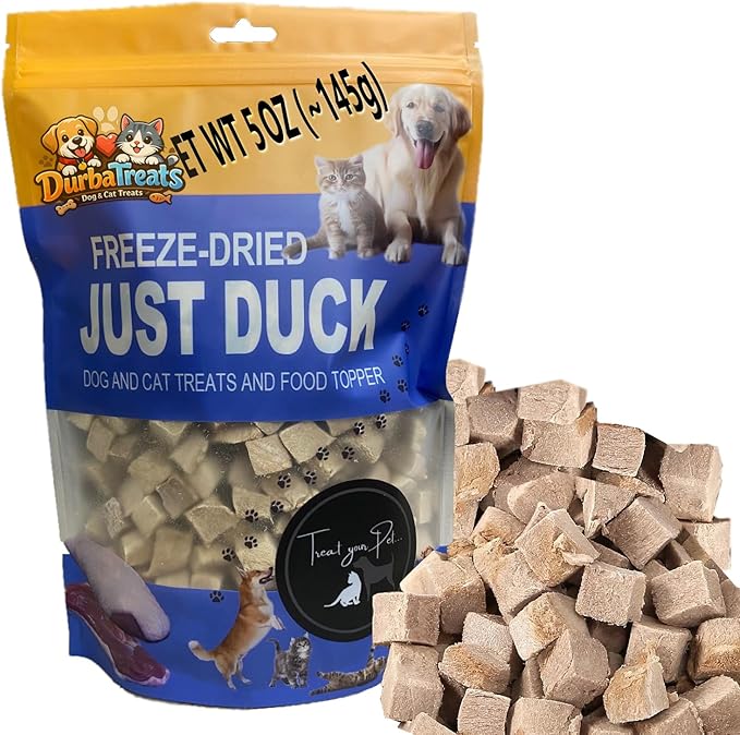 Freeze Dried Duck Large Pack Raw Dog & Cat Treats - Single-Ingredient Snacks, Food Topper Increase Appetite. Ideal for Pets with Allergies. Weight Control, Training Bites, High Protein (5 Ounce, Duck)