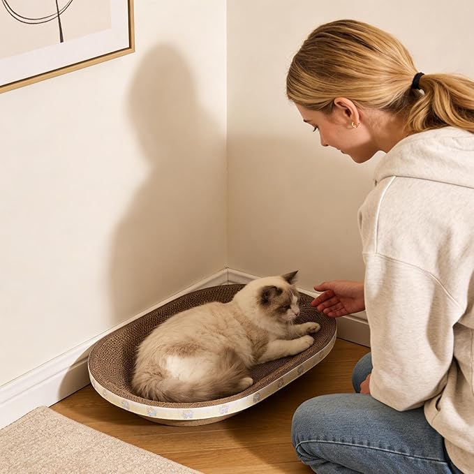 Cardboard Cat Scratcher Bed, Oval Cats Scratch Pad Bowl Nest for Indoor Cats, Cat Scratching Board Corrugated Lounge, Furniture Protector for Couch