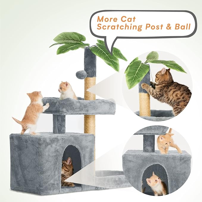 31.5" Cat Tree Tower for Indoor with Green Leaves, Cat Condo Cozy Plush House with Hang Ball and Leaf Shape Design, Cat Furniture Pet House with Scratching Posts, Grey