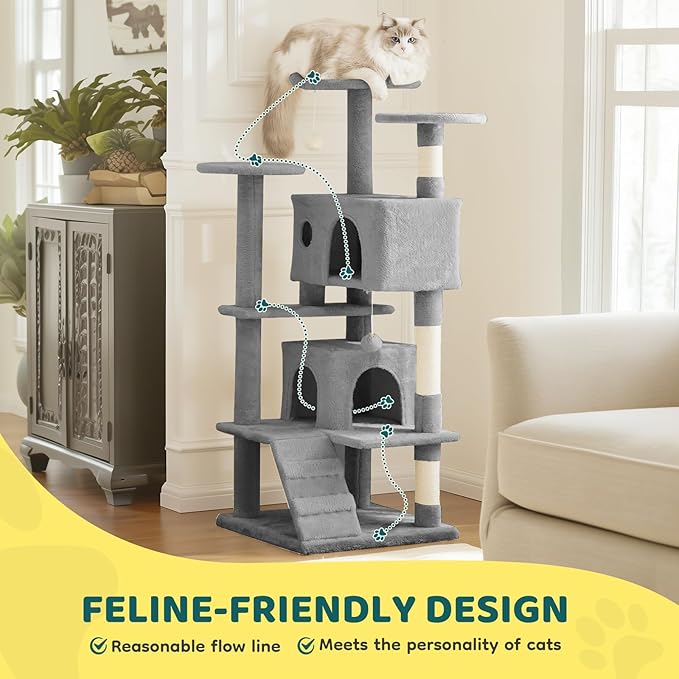 DUMOS 54 Inch Cat Tree Tower, Indoor Multi-Level Pet House for Large Cats with 2 Condos, Scratching Posts, Round Platform, Small Ladder, and Toys, Light Grey