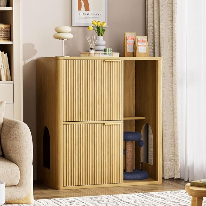 31.5" Cat Litter Box Enclosure Furniture, Fluted Hidden Litter Box Cabinet with Storage Shelf & Scratching Post, Wooden Cat House Side Table with Dual Entry Doors for Indoor Cats, Natural,Natural