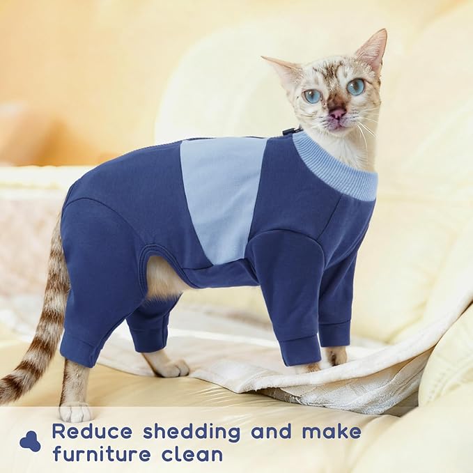 QBLEEV Cat Clothes, Soft Cat Sweaters for Cats Only, Kitten Surgery Recovery Suit Onesie Pajamas, Four Legs Cats Shirts Apparel Clothing for Hair Loss Prevention, Blue, S