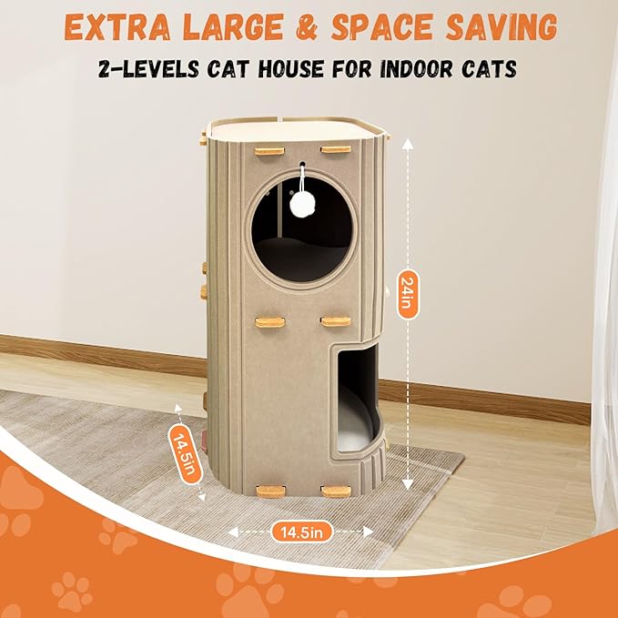 Homegroove Cat House for Indoor Cats, 2-Storey Cozy Felt Cat Bed Cave with Tunnel Hideaway, Large Multi-Cat Condo for Rest & Play (Camel, Large)