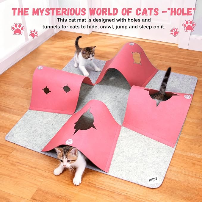 35.4" Large Interactive Felt Cat Activity Play Mat – Ripple Style Hide & Seek Tunnel with Hanging Ball, Foldable Snuffle Mat for Indoor Cats, Kittens, Rabbits, Small Pets, Pink