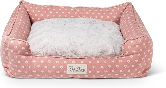 Fringe Studio Ditsy Block Dark Blush 24" W x 21" D x 7" H Small Rectangular Cuddler Pet Bed W/Reversible Cushion, 100% Cotton Canvas Exterior, Machine Washable, PetShop Collection (755SM002)