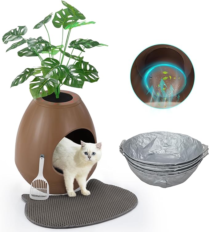 Eggloa6 Hidden Litter Box Plant Cat Litter Box with 5PCS Litter Box Liners, Cat Litter Mat, Smart Odor Removal System, Artificial Plants & Scoop for Kitty Squirrel Guinea Pig