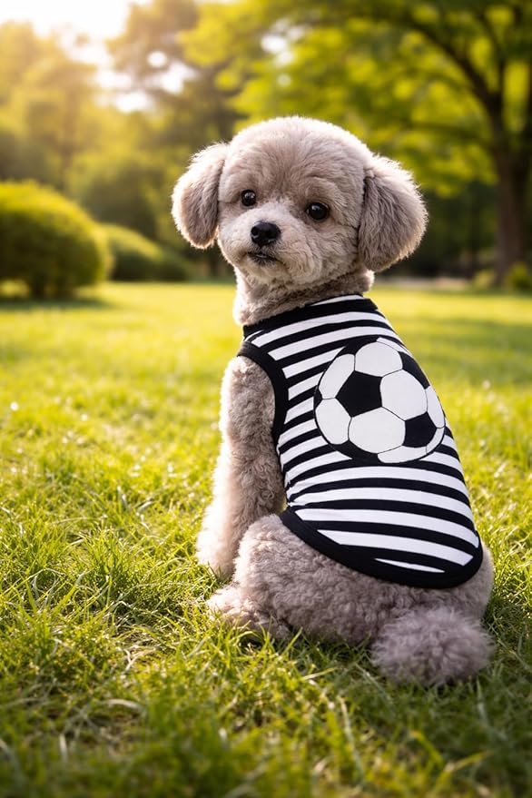 Petitebella Soccer Dog Shirt - Sporty Puppy T-Shirt with Soccer Ball, Breathable Soft Cotton Pet Clothes for Small Dogs Cats, Lightweight Summer Vest Apparel for Game Day Training (Stripes, Small)