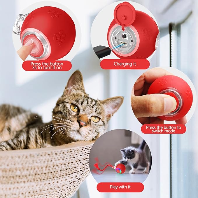 Interactive Cat Toy Ball with Red Tassel Tail, 3 Speed Modes Motion Activated Automatic Rolling Ball with Sound On/Off, USB Rechargeable Durable Toys for Cats & Kittens, Indoor Small Dogs
