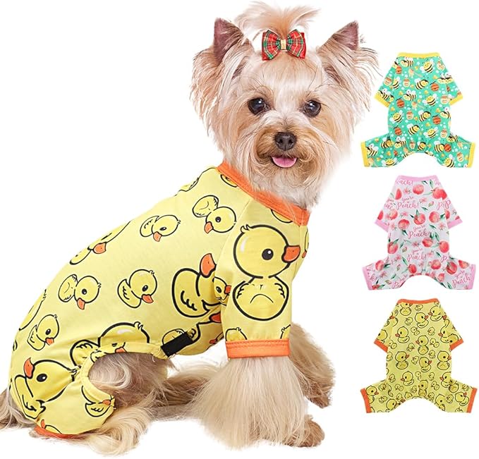 Yikeyo Dog Pajamas Small Sized Boy Girl, Cotton Stretchable Pet Clothes Jammies Puppy Outfits for Dogs Female Male, Spring Summer Doggie Pjs Doggy (Yellow Duck, XS)