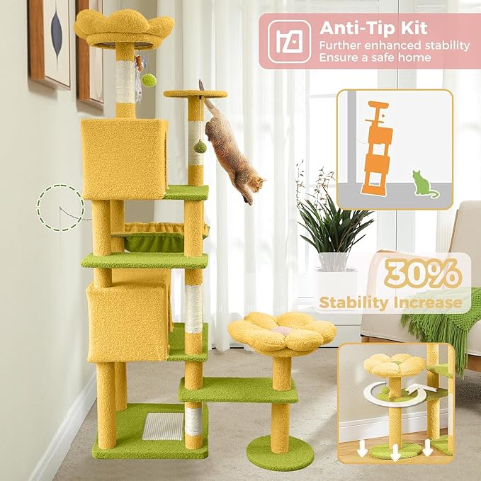 Flower Cat Tree 71 Inches，Large Cat Tower with 2 Detachable Flower Cushions and 2 Hiding Condo, Tall and Big Cat Tree with Hammock Bed, Interactive Toys and Scratching Posts for Indoor Cats (Yellow)