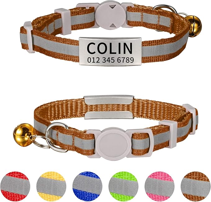 LaReine Reflective Cat Collars Breakaway with Bell and ID Tag - with Personalization Options (7"-10" Neck, Reflective-Brown)