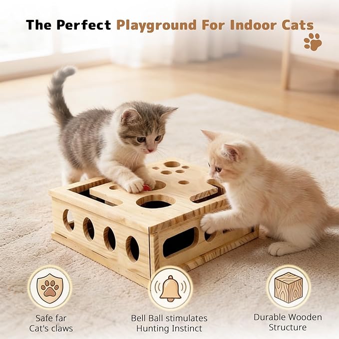 Cat Nail File Scratcher, Cats Claw Saver Box with 3 Balls, Large Solid Wood Construction Cat Nail File Enrichment Box with Sandpaper Inside,Alternative to Nail Clippers