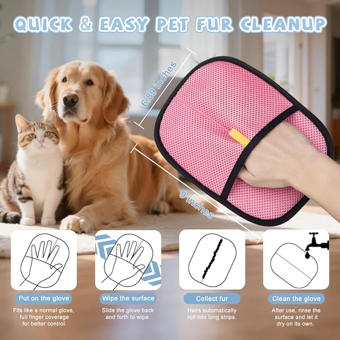 Pet Hair Removal Glove for Cats & Dogs,Upgraded Thicken Pet Hairs Gloves for Pet Hair Removal,Magic Brush Pet Hairs Remover Tool ，for Clothing, Couch, Carpet, Car Seat（Pink）