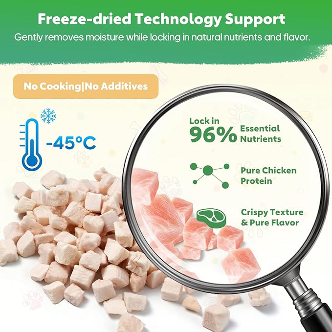 3.53 oz Freeze Dried Chicken Cubes for Dogs and Cats Single Ingredient Raw Chicken Breast Treats High Protein Low Fat Pet Training & Reward Snacks Grain-Free Chicken Bites