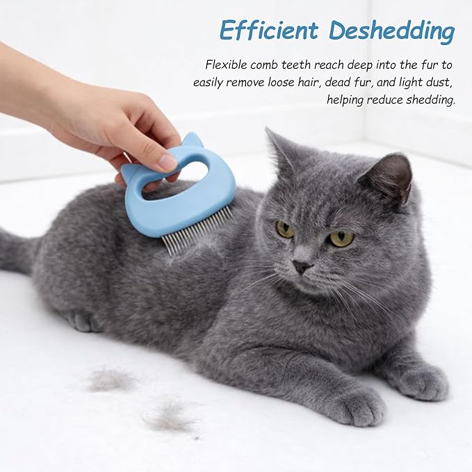 Original Cat-Face Pet Hair Removal Massage Shell Comb – Soft Deshedding & Dematting Grooming Tool (Blue)