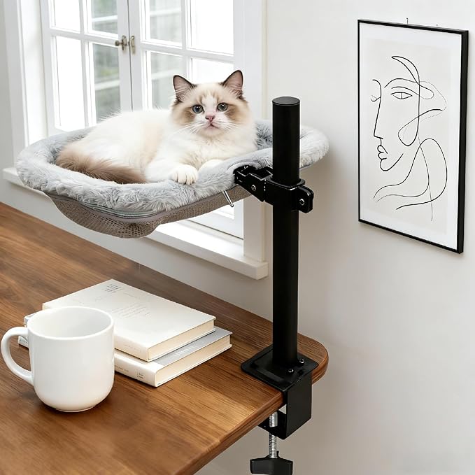 Cat Desk Bed - 360° Rotating Height Adjustable Cat Hammock for Desks & Tables, Soft Washable Dual-Sided Plush & Mesh Mat for Indoor Cats and Puppy, Supports Up to 45lbs, Suitable for Office Home Use