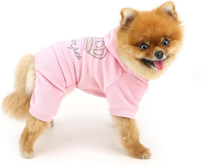 Girl Dog Clothes for Small Dogs Cute Doggie Outfits Rhinestone Crown Stretchy Puppy Pajamas Soft Velvet Hoodie 4 Legged Jumpsuit Lightweight Pet Tracksuit Cat Apparel Leash Hole
