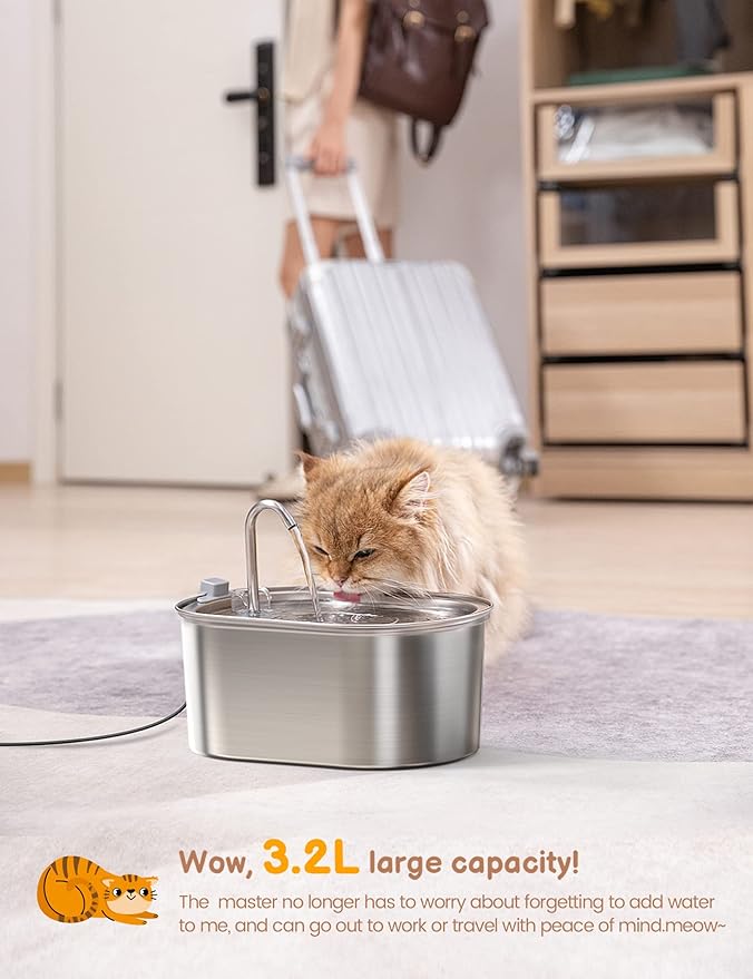 Cat Water Fountain Stainless Steel: 108oz/3,2L Pet Water Fountain - Water Fountain for Cats Inside with Quiet Pump - Dishwasher Safe Cat Fountains - Suitable for a Variety of Pets - SOOFPET