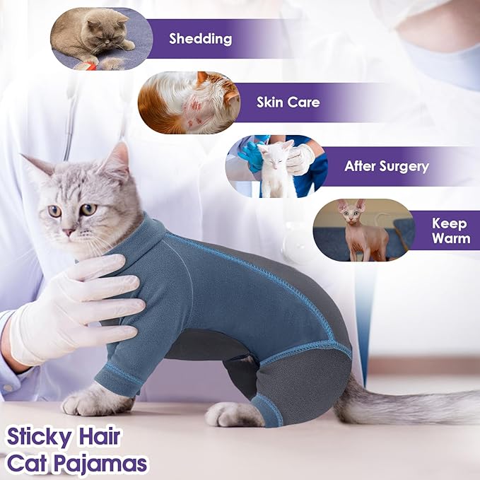 Hair Sticky Cat Clothes, Cat Sweater for Cats Only, 4-Legged Fleece Sweaters Kitten Pajamas Reduce Shedding Fur, Warm Pullover Shirts for Cats, Blue S