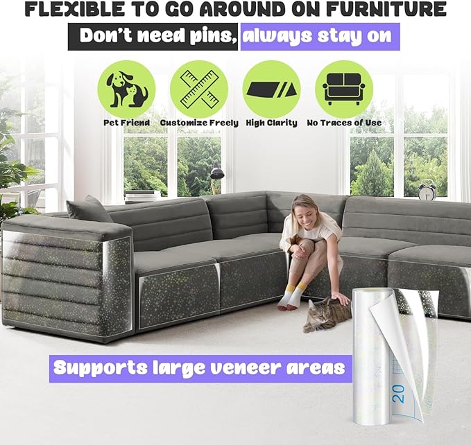 JINVOGREEN Iridescent Cat Scratch Furniture Protector, 160" x 12.4" Clear Anti Cat Scratch Protector, Thickened Self-Adhesive Furniture Cat Scratch Protector