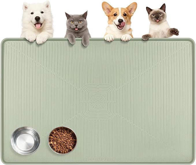 Lorvain 45" x 30" Cat Food Mat, Extra Large Silicone Pet Feeding Mat with Raised Edges, Pet Placemat for Cat Dog Food and Water Bowl Waterproof, Non-Slip, Easy to Clean, Floor Protection, Green