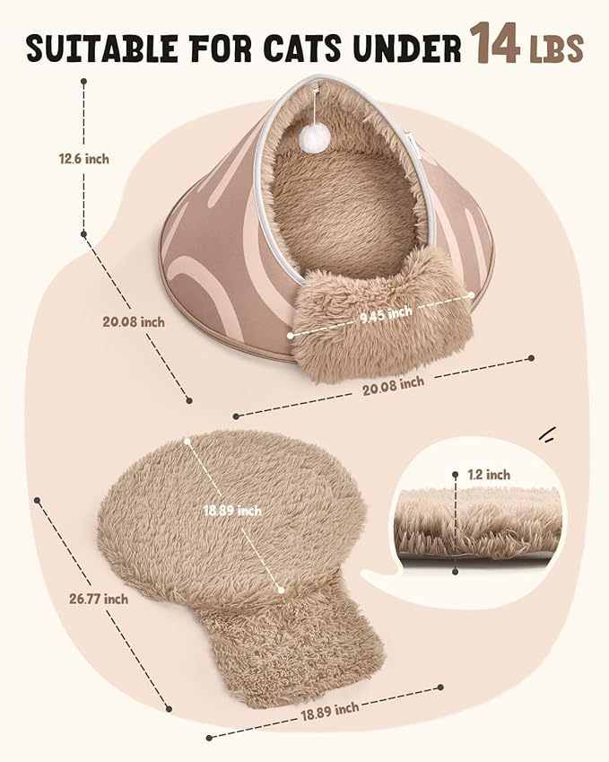 BurgeonNest 20-Inch Round Cat Bed Cave, Enclosed Hooded Pet House for Indoor Kittens, Anti-Collapse EVA Shell with Cord Access for Heating Pad, Washable Soft Plush, Brown