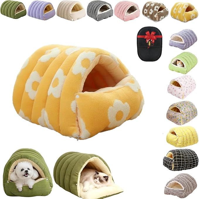 Removable and Washable Winter Closed-Off Cat Bed, Cutypet Winter Cave, Warm Foldable Secure Pet Nest for Indoor Cats & Small Dogs, Comfor Plush Snuggle Hut for Kitty, Puppy, Pets (Flannel-Yellow,L)