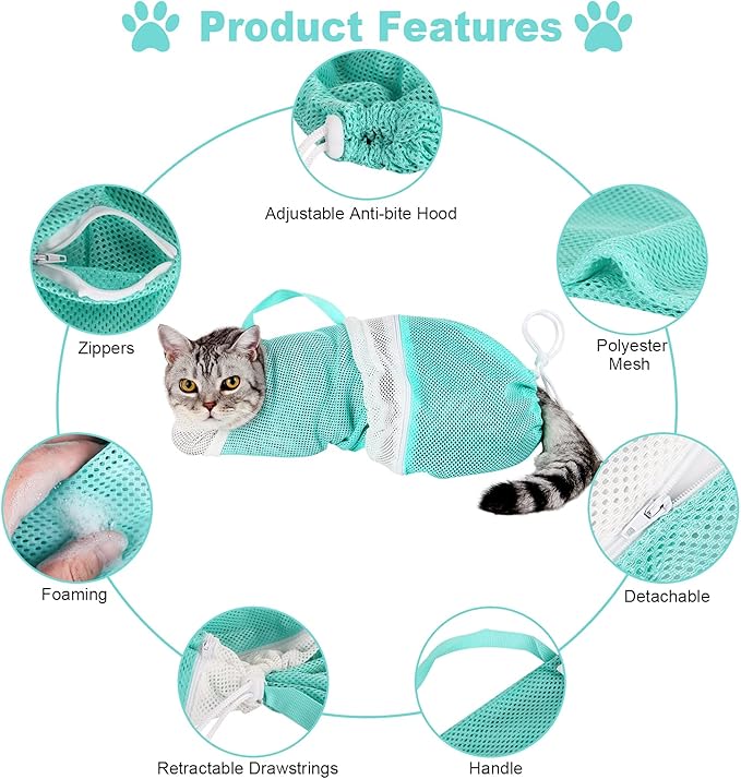 Cat Bathing Bag Adjustable Cat Grooming Net Bag Anti-bite & Anti-Scratch Cat Bath Washing Restraint Bag, Breathable Mesh Cat Grooming Bag for Shower, Nail Trimming, Injection