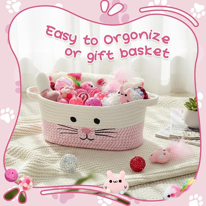 Zopeal Graduation Cat Toy Set Interactive Cat Toys Pack Including Feather Teaser Wand Plush Gift Outfit Mice Crinkle Balls and Pet Bell Balls, Puzzle for Indoor Cats Gift Basket for Kitten(Pink)