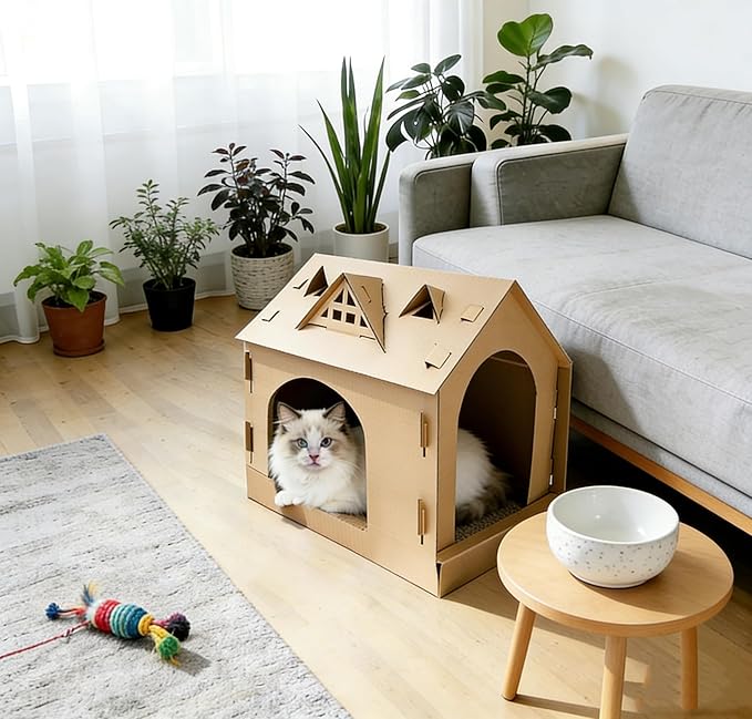 17.3 Inch Multiple Windows Detachable Cardboard House, House with Scratching Board, Indoor Playhouse, Scratching Mat with Catnip