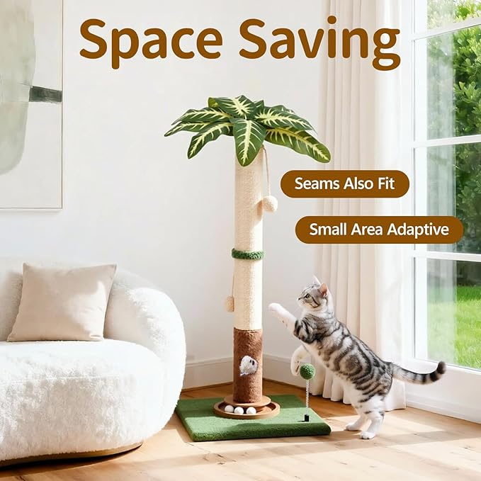 Cat Scratching Post Tall Vertical for Indoor Cats, 35" Palm Tree Leaves Sisal Pole for Large Cats Kittens, Heavy Duty Wooden Carpet Pole with Interactive Track Balls, Furniture Protection