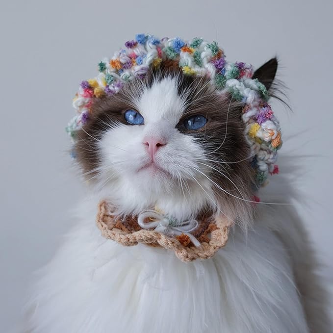 Cute Flower Cat Hat Crochet Collar, Birthday Party Kitten Costume for Puppy, Pet and Small Animals(Brown, Small)