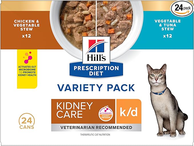 Hill's Prescription Diet k/d Variety Pack Wet Cat Food, Chicken & Vegetable Stew, Vegetable & Tuna Stew, 2.9 oz. Cans, 24-Pack