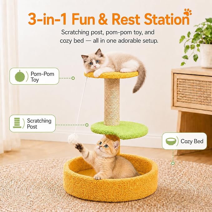 3-Level Small Cat Scratching Post with Cat Bed, 17.71" Cat Tree for Kittens, Sisal Scratcher with Hanging Ball, 15.74" Stable Base, Easy to Assemble for Indoor Cats Play, Furniture Protection