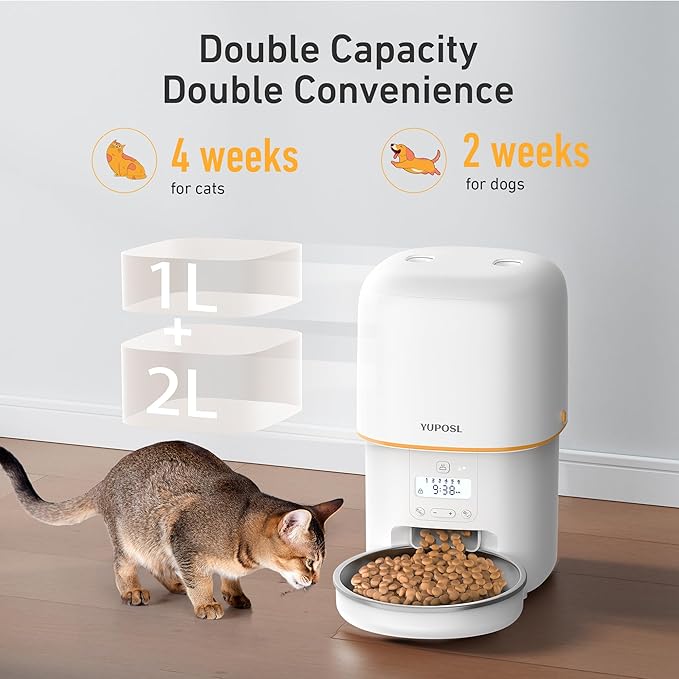 Automatic Cat Feeder, 3L Cat Food Dispenser with Anti-Jam Design, Over 180-day Battery Life, 1-6 Meals Per Day with Stainless Steel Cat Bowl, Keep Dry Food Fresh, Timed Pet Feeder Also for Small Dog