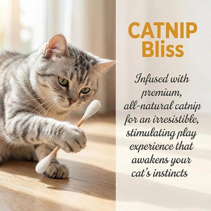 Cotton Swabs Cat Toys with Catnip,6 Pk Soft Interactive Giant Q Tip Cat Toy,Durable for Chew, Organic Catnip for Anxiety & as Digestive Aid,The Ideal Gift for cat Lovers(Beige 6-Pack)