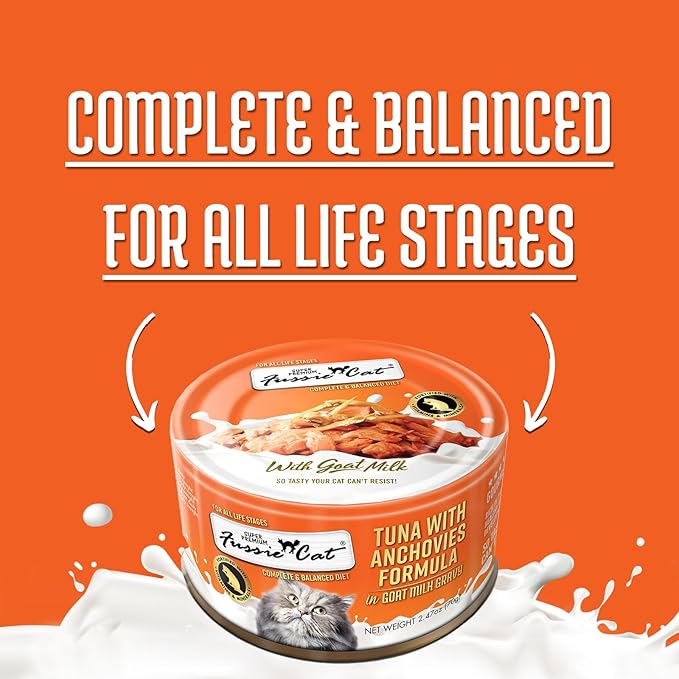 Fussie Cat Premium Canned Wet Cat Food in Goat Milk Gravy - 2.47 oz Cans - Case of 24 Cans (Tuna & Anchovies)