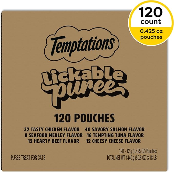 Temptations Creamy Puree Squeezable Lickable Wet Cat Treat Variety Pack, 0.42 oz. Tubes, 120 Count