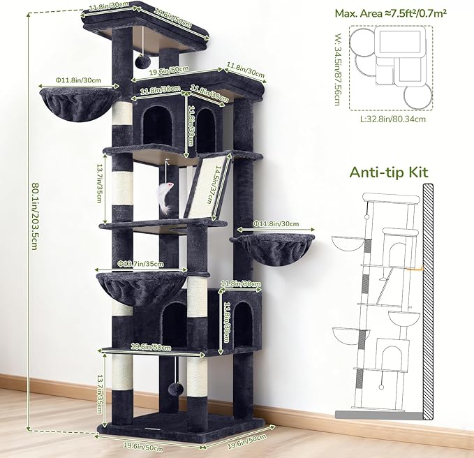 Globlazer Extra Large Cat Tree Tower 80inch XXL Tall Cat Tree for Multiple Indoor Cats Large Adult Kittens with Scratching Posts, 2 Widened Perches, Adjustable Baskets, 2 Cozy Condos, S80G, Dark Grey