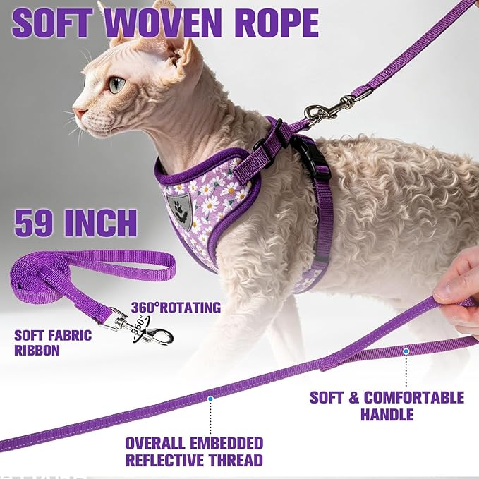 EXPAWLORER Escape Proof Cat Harness and Leash Set - Soft Breathable Vest Harness with Adjustable for Kitten Puppy Outdoor Walking Travel, Reflective Harnesses for Small Medium Large Cats, Daisy S