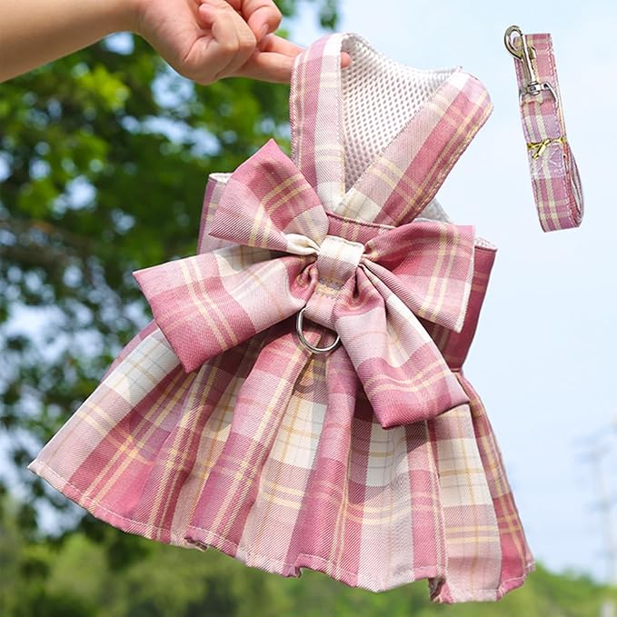 Dog Plaid Dress Puppy Bow Skirt Harness Leash Adjustable Doggie Summer Dresses for Small Dogs Cats Rabbit Bunny Chihuahua Yorkies Cute Pet Outfits (Small(Suggest 3.3-5.5 lbs), Pink)