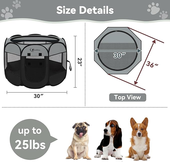 Siedihit Dog Cat Playpen, Puppy Pet Playpen Indoor for Dog Crate Tent Cage Outdoor, Portable Pop Up Dogs Enclosure Kennel with Carrying Case for Dogs/Cats/Rabbits (Dark Grey, Medium)