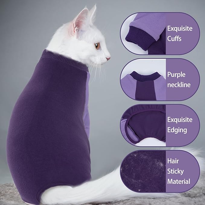 QBLEEV Sticky Hair Cat Clothes, Soft Cat Pajamas for Cats Only, Prevent Lost Fur Kitten Sweater Onesie, Stretchy Recovery Suit for Female Male Cats After Surgery Daily Wear, Purple, S
