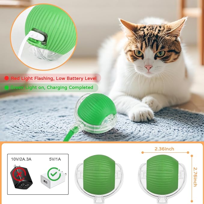 Goosheep 2025 New 1Pack Cat Ball Kitten Toys for Indoor Interactive Kitty Ball Toy Speedy Tail 360° Automatic Rolling for Dog, Cat(Green)