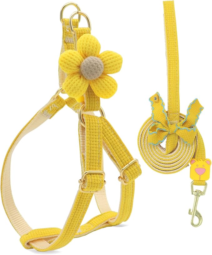 PETCARE Cute Flower Dog Harness and Bowtie Leash Set Easy Walk Puppy Dog Halter Harness for Small Dogs Girl Step in Dogs Harnesses with Buckle (Yellow, Chest Adjustable 9"-14", Rope Width 0.39")