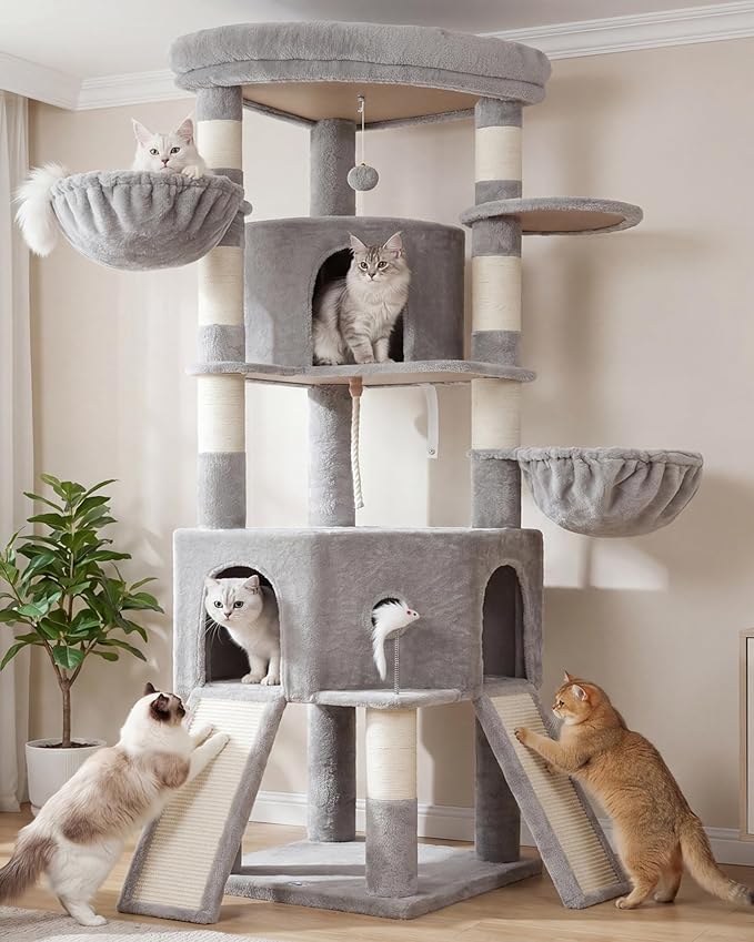 Cat Tree, 73-Inch Sturdy Corner Cat Tower with Wide Top Perch, Cat Furniture with 2 Spacious Condos, 2 Cozy Baskets, 2 Scratching Boards & Interactive Toy for Large Cat, Light Grey VCT021W