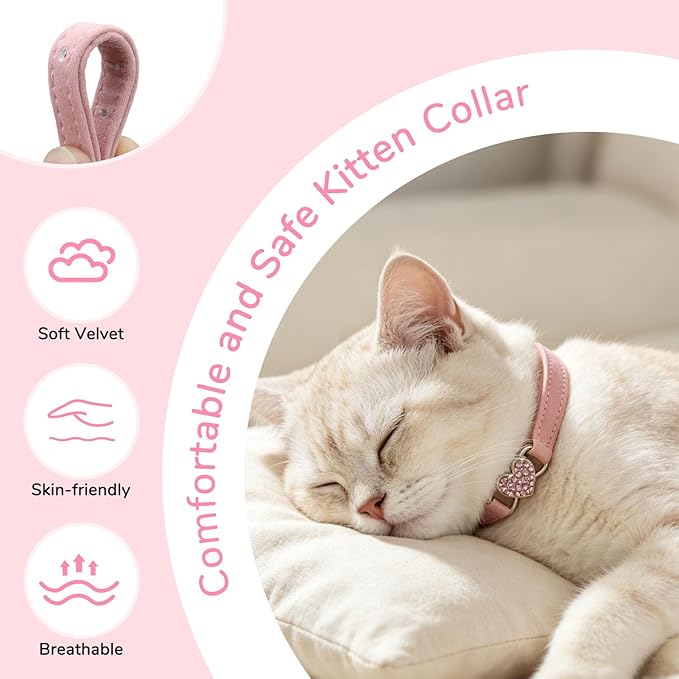 BINGPET Diamond Cat Collar,Adjustable Soft Velvet Leather Safe Kitten Collar with Crystal Heart Charm and Bells,Girl Boy Bling Stylish Cat Collars with Safety Elastic (Pink, Neck Girth 6"-8")